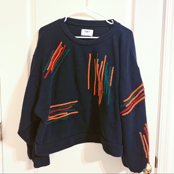 Zara Sweaters - Zara sweater Large Navy Blue orange stripes